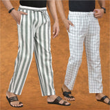 Combo of 2 Men Gray White Cotton Handloom Stripe Pant-15081