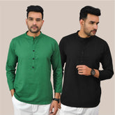 Combo of 2 Men Kurtas Solid Cotton Flax Black and Bottle Green