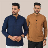 Combo of 2 Men Kurtas Solid Cotton Flax Brown and Navy Blue