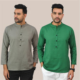 Combo of 2 Men Kurtas Solid Cotton Flax Gray and Bottle Green