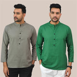 Combo of 2 Men Kurtas Solid Cotton Flax Gray and Bottle Green