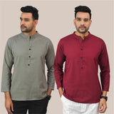 Combo of 2 Men Kurtas Solid Cotton Flax Gray and Maroon
