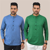 Combo of 2 Men Kurtas Solid Cotton Flax Sky Blue and Bottle Green