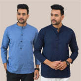Combo of 2 Men Navy Blue Solid Cotton Handloom Short Kurta