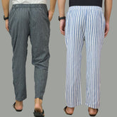 Combo of 2 Men Navy Blue Sky Blue Cotton Handloom Stripe Pant