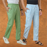 Combo of 2 Men Olive Green Sky Blue Cotton Handloom Stripe Pant-15019