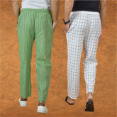 Combo of 2 Men Olive Green White Cotton Handloom Stripe Pant