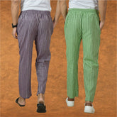 Combo of 2 Men Purple Olive Green Cotton Handloom Stripe Pant-15045