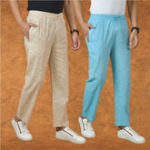 Combo of 2 Men Sky Blue Beige Cotton Handloom Solid Pant
