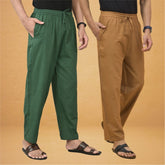 Combo of 2 Men Solid Cotton Flex Pant Bottle Green Brown