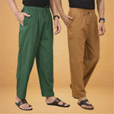Combo of 2 Men Solid Cotton Flex Pant Bottle Green Brown