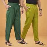 Combo of 2 Men Solid Cotton Flex Pant Bottle Green Olive Green
