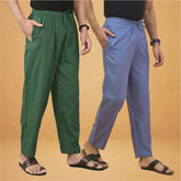 Combo of 2 Men Solid Cotton Flex Pant Bottle Green Sky Blue