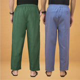 Combo of 2 Men Solid Cotton Flex Pant Bottle Green Sky Blue