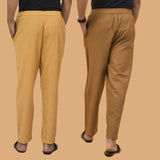 Combo of 2 Men Solid Cotton Flex Pant Brown Beige