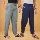 Combo of 2 Men Solid Cotton Flex Pant Gray Navy Blue