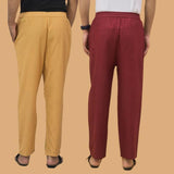 Combo of 2 Men Solid Cotton Flex Pant Maroon Beige