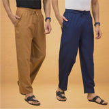 Combo of 2 Men Solid Cotton Flex Pant Navy Blue Brown