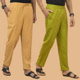 Combo of 2 Men Solid Cotton Flex Pant Olive Green Beige