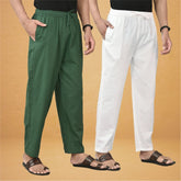 Combo of 2 Men Solid Cotton Flex Pant White Bottle Green