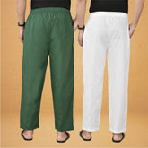 Combo of 2 Men Solid Cotton Flex Pant White Bottle Green