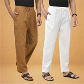 Combo of 2 Men Solid Cotton Flex Pant White Brown