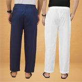 Combo of 2 Men Solid Cotton Flex Pant White Navy Blue