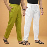 Combo of 2 Men Solid Cotton Flex Pant White Olive Green