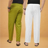 Combo of 2 Men Solid Cotton Flex Pant White Olive Green