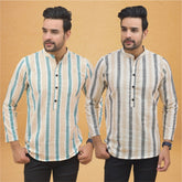 Combo of 2 Men Stripe Cotton Handloom Kurta Green Beige