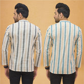 Combo of 2 Men Stripe Cotton Handloom Kurta Green Beige