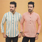 Combo of 2 Men Stripe Cotton Handloom Kurta Green Peach
