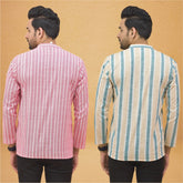 Combo of 2 Men Stripe Cotton Handloom Kurta Green Pink