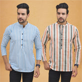 Combo of 2 Men Stripe Cotton Handloom Kurta Peach Sky Blue