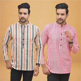 Combo of 2 Men Stripe Cotton Handloom Kurta Pink Peach