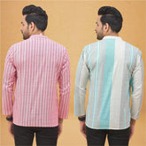 Combo of 2 Men Stripe Cotton Handloom Kurta Pink White