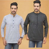 Combo of 2 Men Stripe Cotton Handloom Kurta White Black