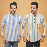 Combo of 2 Men Stripe Cotton Handloom Kurta White Green