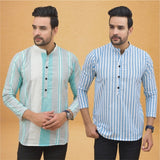 Combo of 2 Men Stripe Cotton Handloom Kurta White Sky Blue