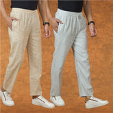 Combo of 2 Men White Beige Cotton Handloom Solid Pant