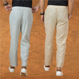 Combo of 2 Men White Beige Cotton Handloom Solid Pant