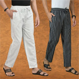 Combo of 2 Men White Black Cotton Handloom Stripe Pant-15100