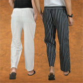 Combo of 2 Men White Black Cotton Handloom Stripe Pant-15100