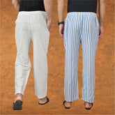 Combo of 2 Men White Blue Cotton Handloom Stripe Pant-15075