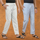 Combo of 2 Men White Blue Cotton Handloom Stripe Pant-15075