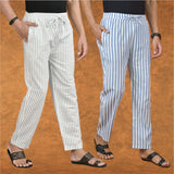 Combo of 2 Men White Blue Cotton Handloom Stripe Pant-15075