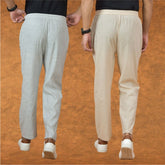 Combo of 2 Men White Cream Cotton Handloom Solid Pant