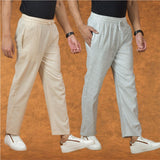 Combo of 2 Men White Cream Cotton Handloom Solid Pant