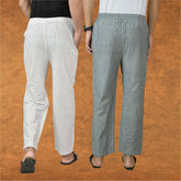 Combo of 2 Men White Gray Cotton Handloom Stripe Pant-15110