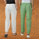 Combo of 2 Men White Olive Green Cotton Handloom Stripe Pant-15090